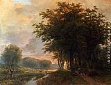 A Wooded River Valley With Peasants On A Path, Cattle In A  Meadow Beyond by Johann Bernard Klombeck
